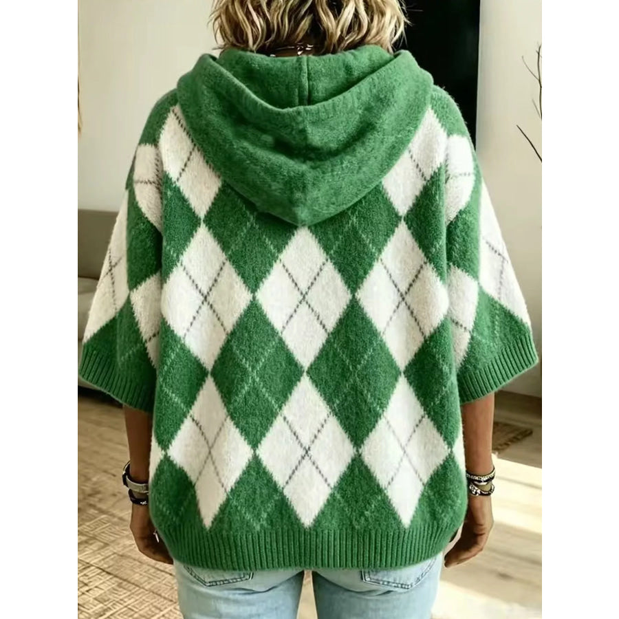 Full Size Argyle Pattern Hooded Sweater Plus Green / S Apparel and Accessories