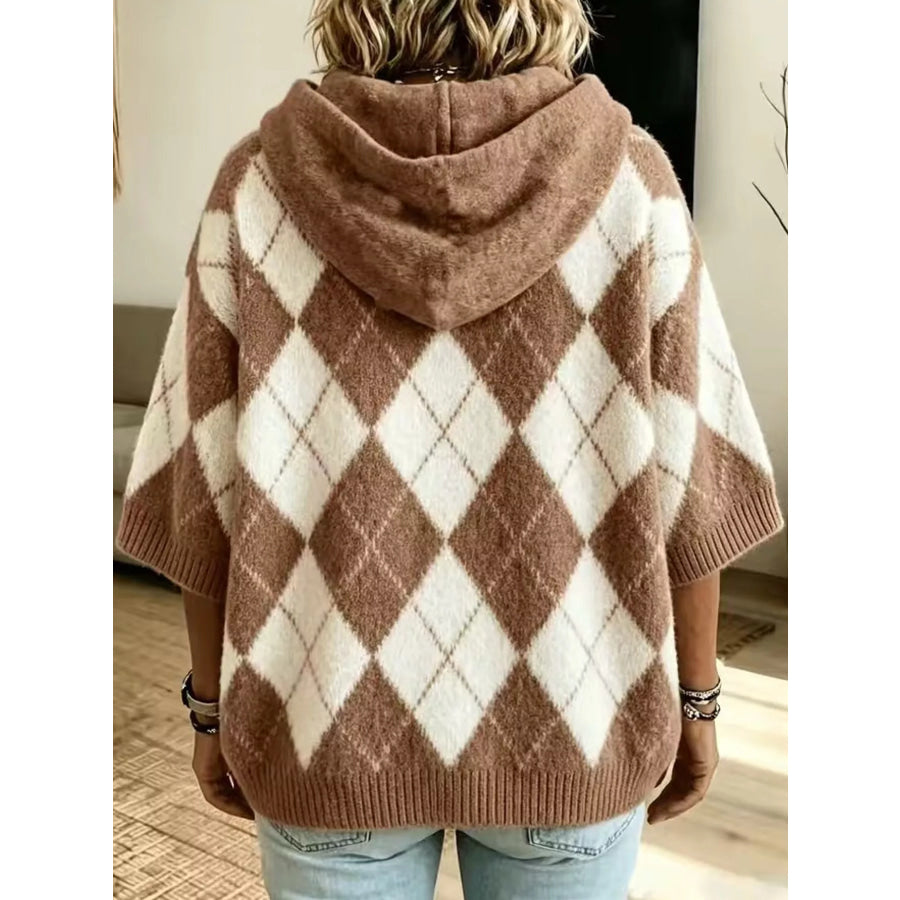 Full Size Argyle Pattern Hooded Sweater Plus Apparel and Accessories