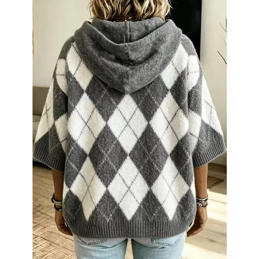 Full Size Argyle Pattern Hooded Sweater Plus Apparel and Accessories