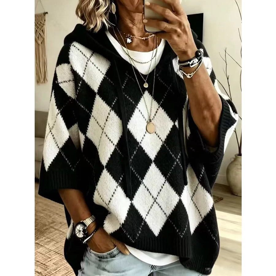 Full Size Argyle Pattern Hooded Sweater Plus Black / S Apparel and Accessories