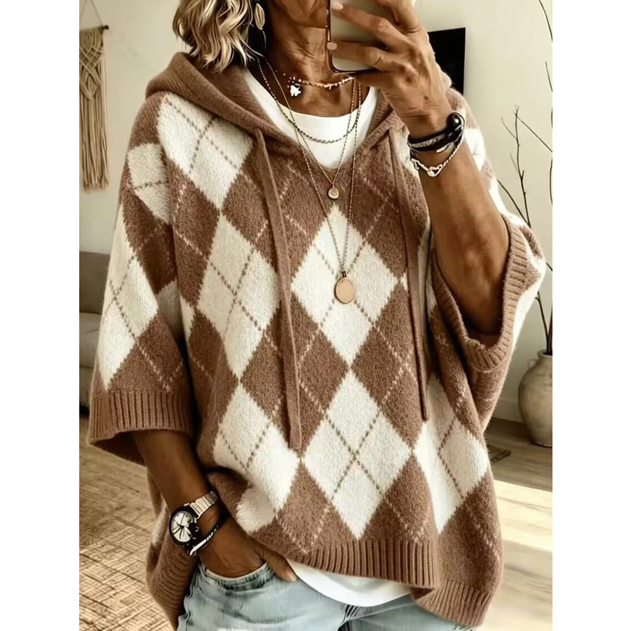 Full Size Argyle Pattern Hooded Sweater Plus Coffee / S Apparel and Accessories