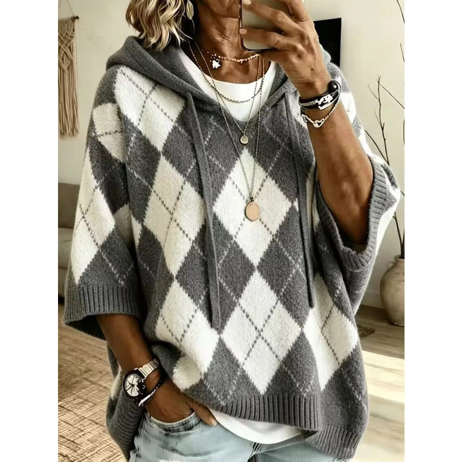 Full Size Argyle Pattern Hooded Sweater Plus Gray / S Apparel and Accessories
