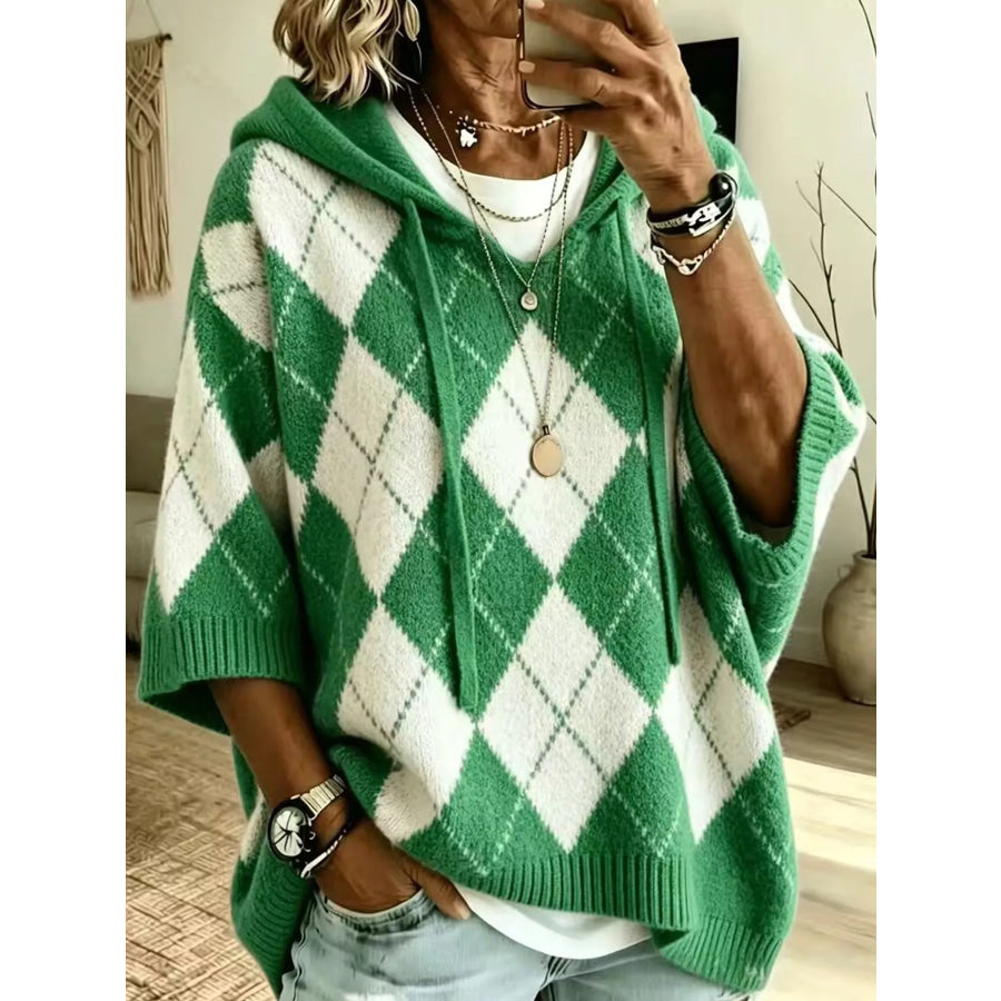 Full Size Argyle Pattern Hooded Sweater Plus Green / S Apparel and Accessories