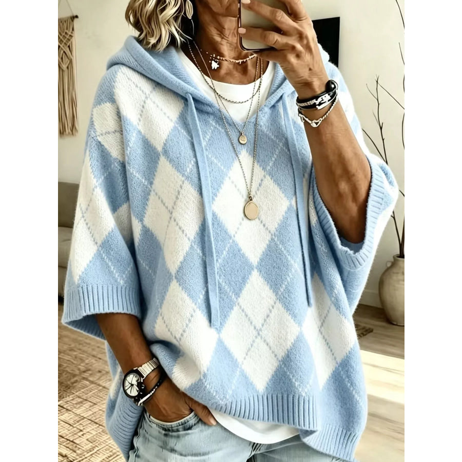 Full Size Argyle Pattern Hooded Sweater Plus Sky Blue / S Apparel and Accessories