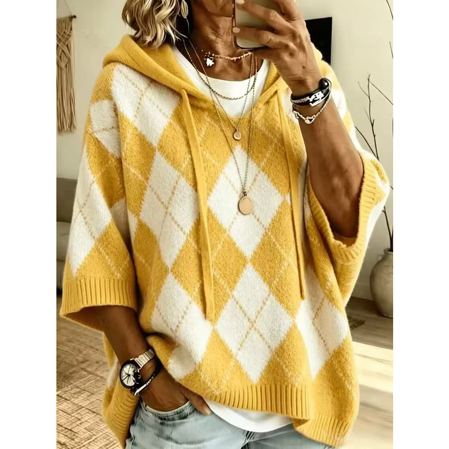 Full Size Argyle Pattern Hooded Sweater Plus Yellow / S Apparel and Accessories