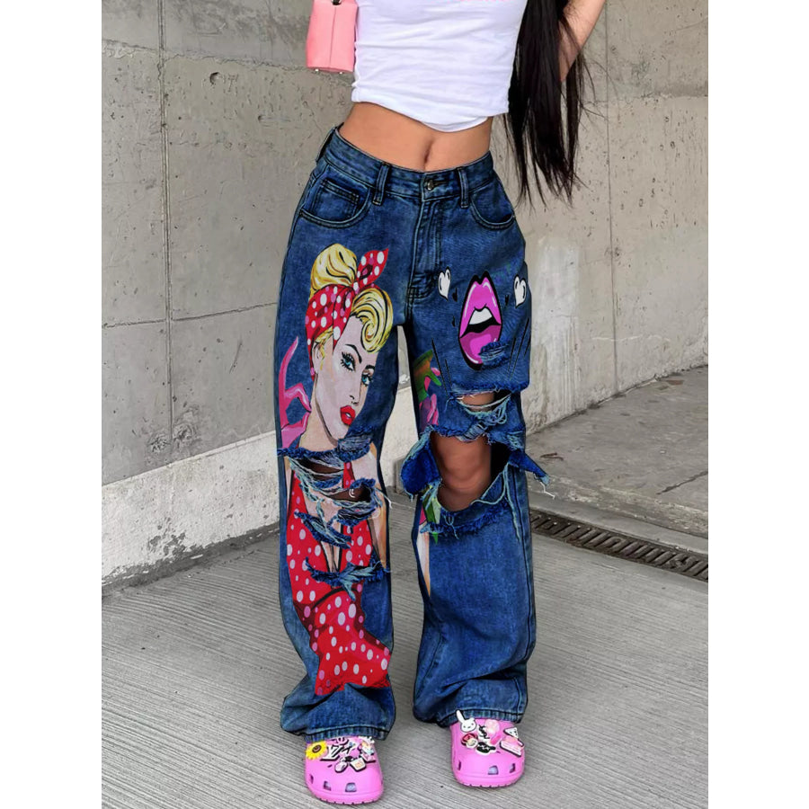 Full Size Art Print Distressed Wide-Leg Jeans Plus Dark Blue / S Apparel and Accessories