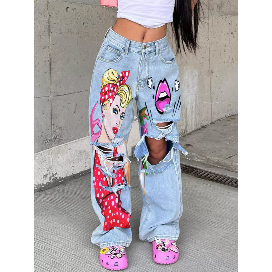 Full Size Art Print Distressed Wide-Leg Jeans Plus Light Blue / S Apparel and Accessories