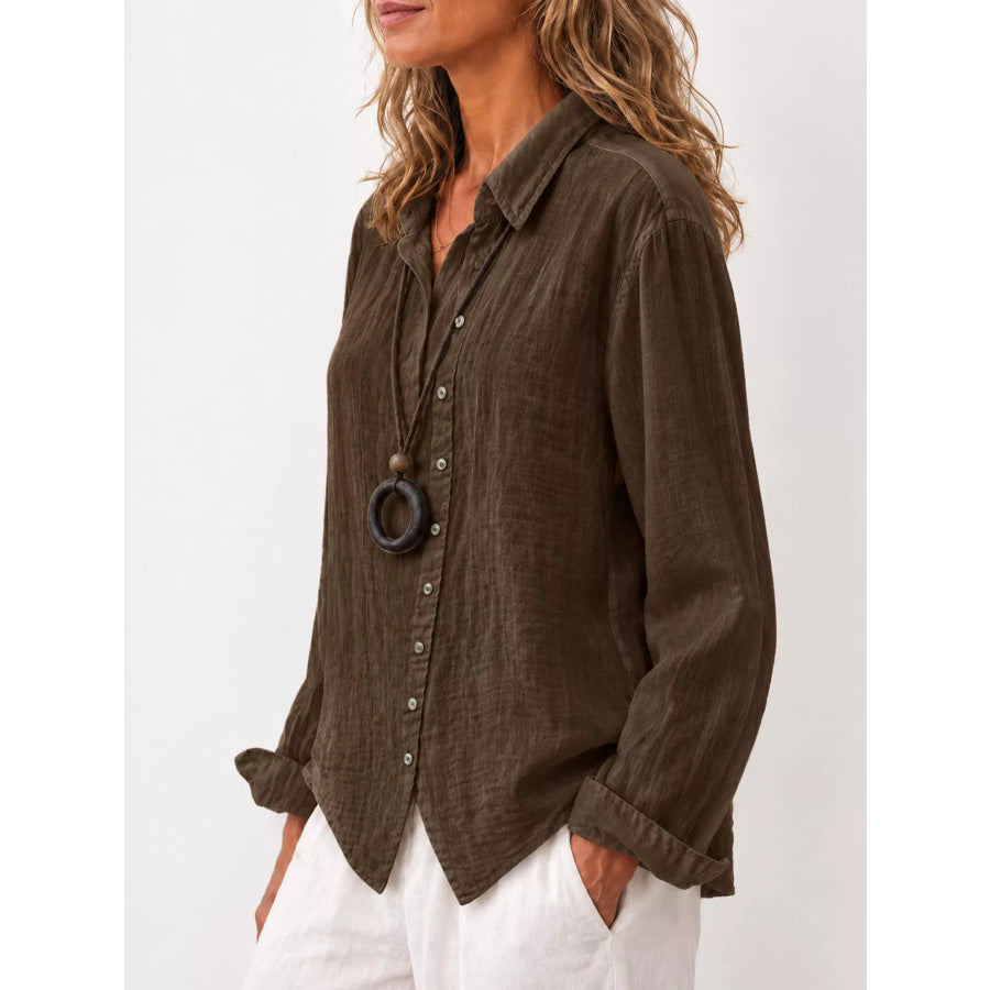 Full Size Asymmetric Button-Down Long Sleeve Shirt Plus Apparel and Accessories