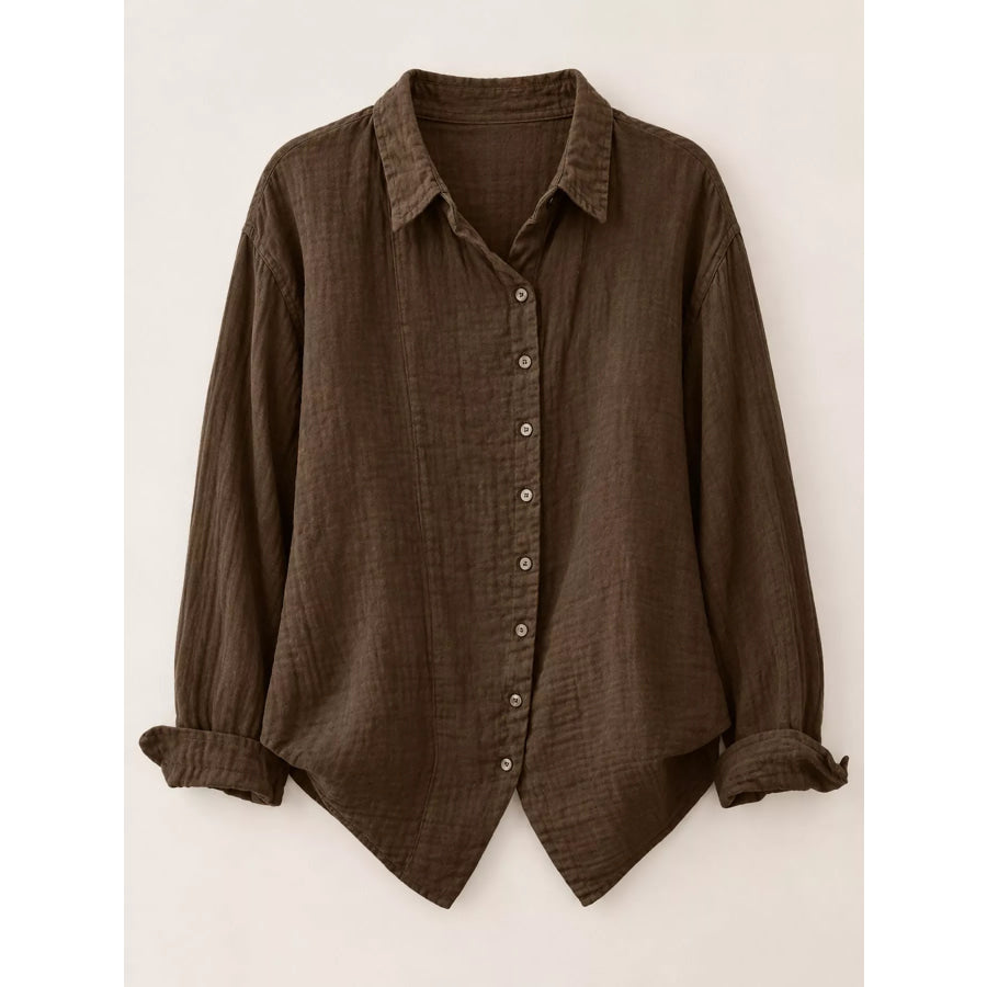 Full Size Asymmetric Button-Down Long Sleeve Shirt Plus Apparel and Accessories