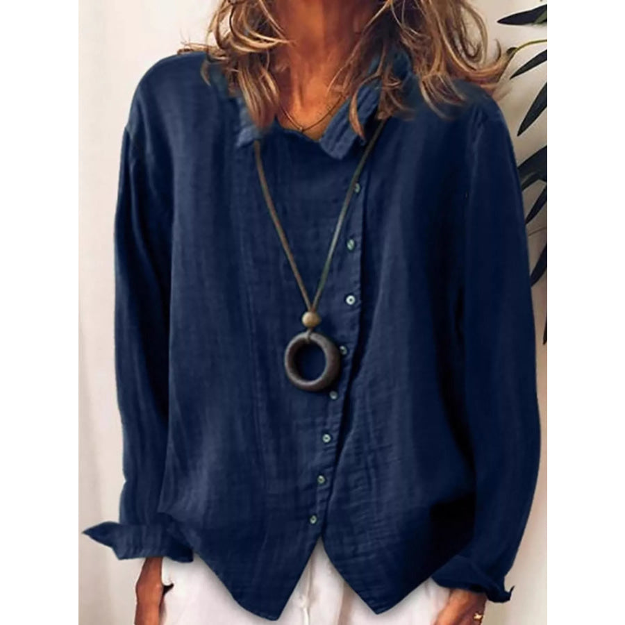 Full Size Asymmetric Button-Down Long Sleeve Shirt Plus Blue / S Apparel and Accessories