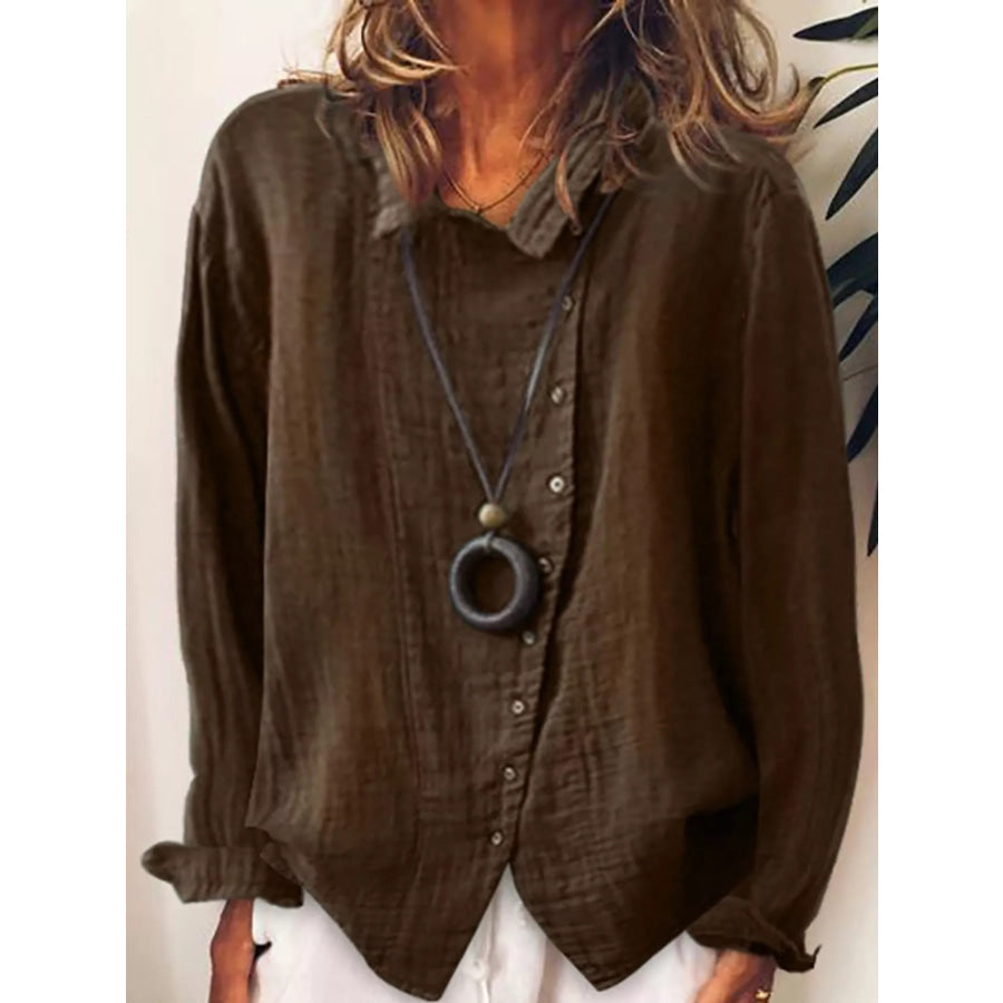 Full Size Asymmetric Button-Down Long Sleeve Shirt Plus Brown / S Apparel and Accessories