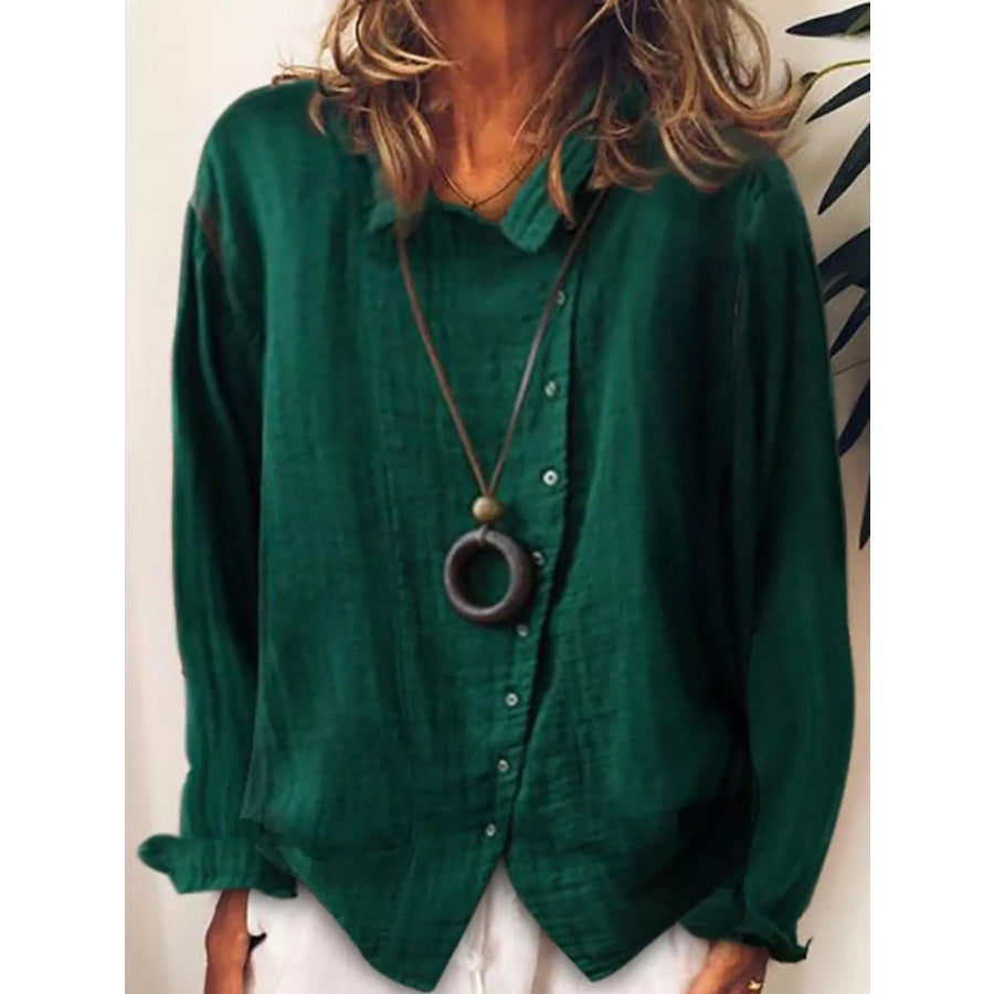Full Size Asymmetric Button-Down Long Sleeve Shirt Plus Green / S Apparel and Accessories