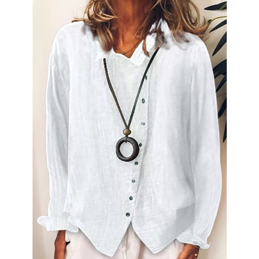 Full Size Asymmetric Button-Down Long Sleeve Shirt Plus White / S Apparel and Accessories