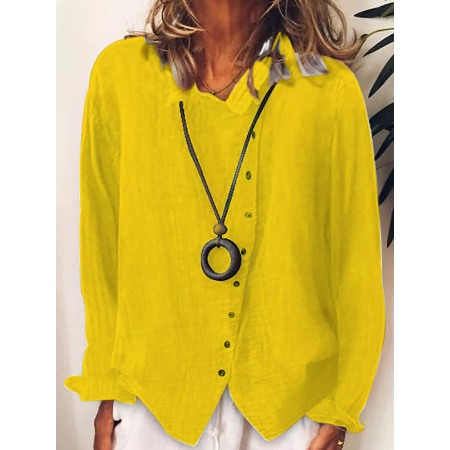 Full Size Asymmetric Button-Down Long Sleeve Shirt Plus Yellow / S Apparel and Accessories