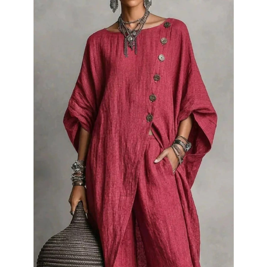 Full Size Asymmetric Button-Down Top and Wide-Leg Pants Set Plus Apparel Accessories