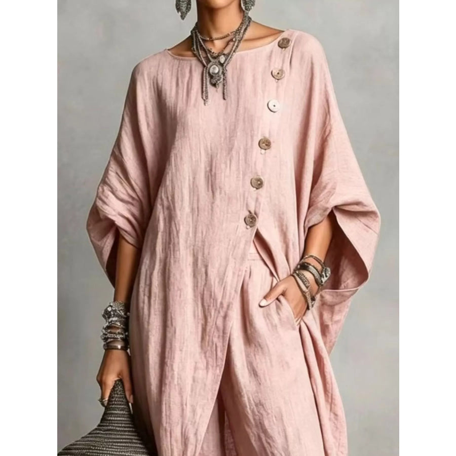 Full Size Asymmetric Button-Down Top and Wide-Leg Pants Set Plus Apparel Accessories