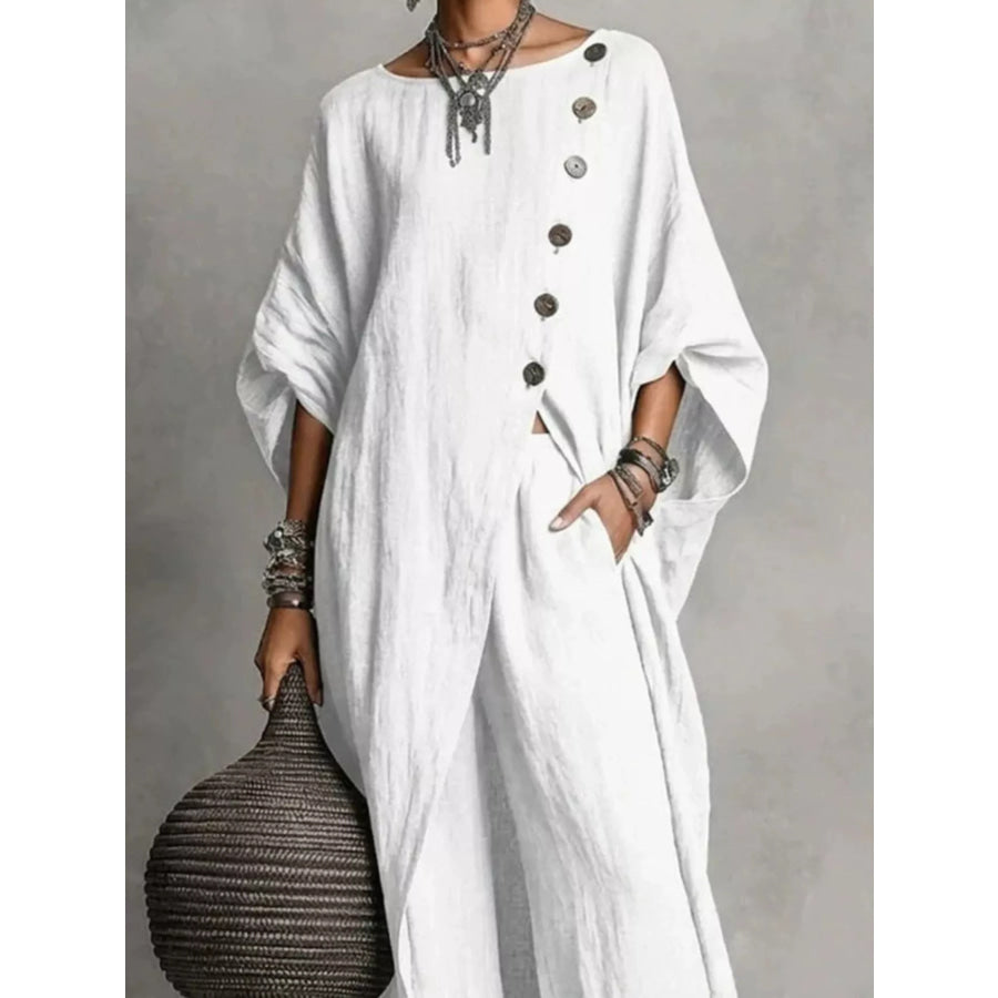 Full Size Asymmetric Button-Down Top and Wide-Leg Pants Set Plus White / S Apparel Accessories