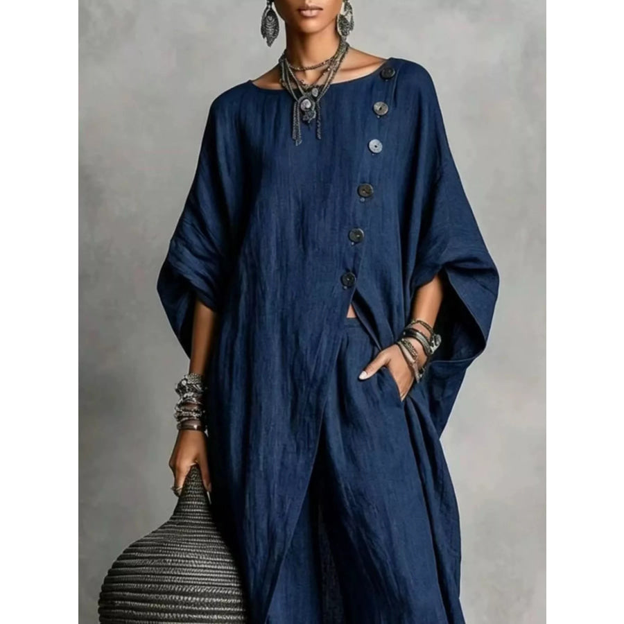 Full Size Asymmetric Button-Down Top and Wide-Leg Pants Set Plus Apparel Accessories