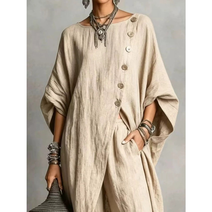 Full Size Asymmetric Button-Down Top and Wide-Leg Pants Set Plus Apparel Accessories