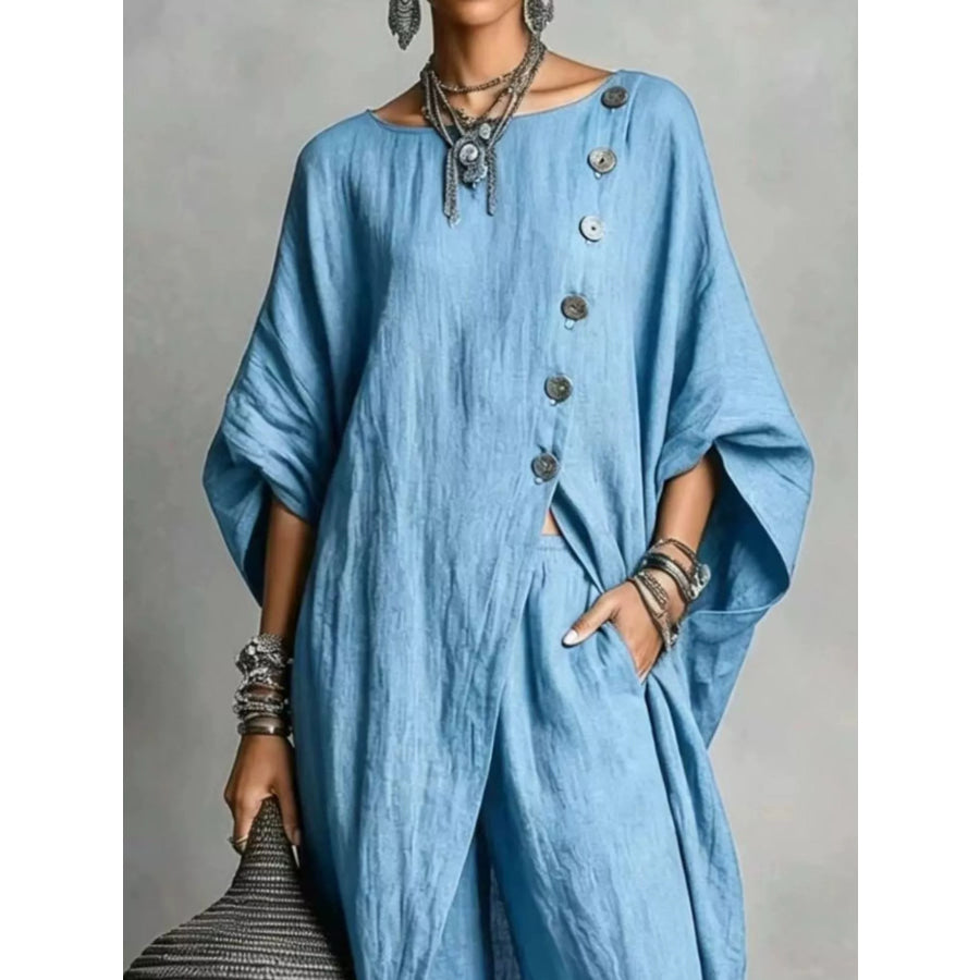 Full Size Asymmetric Button-Down Top and Wide-Leg Pants Set Plus Apparel Accessories