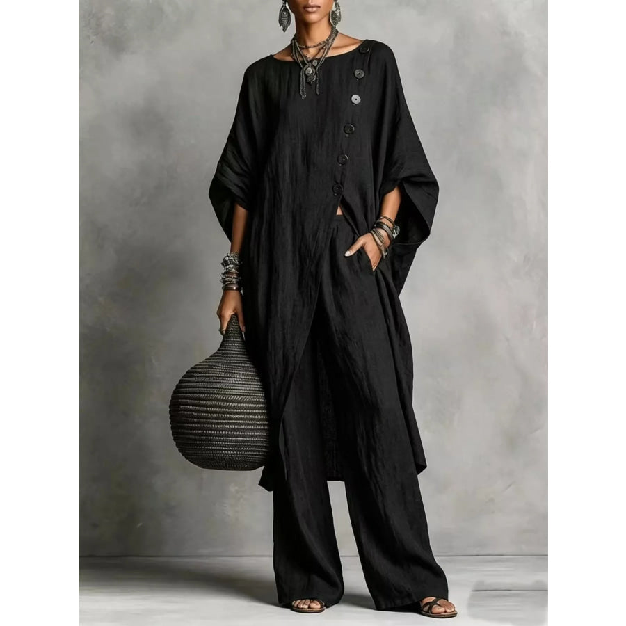 Full Size Asymmetric Button-Down Top and Wide-Leg Pants Set Plus Black / S Apparel Accessories