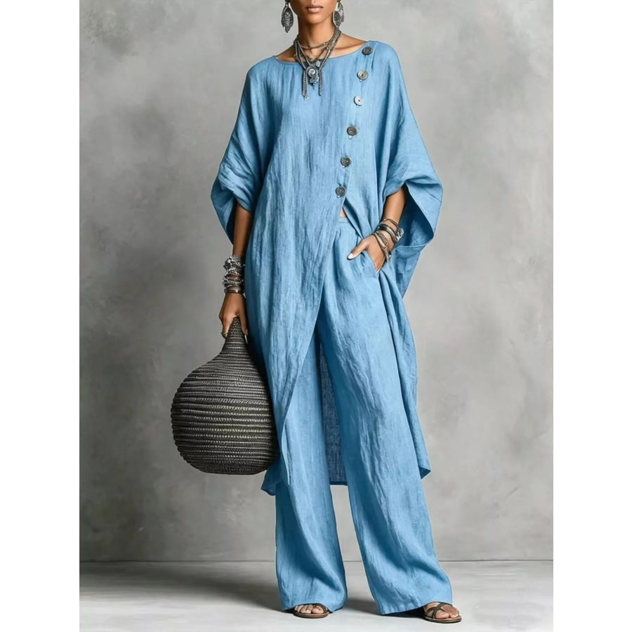 Full Size Asymmetric Button-Down Top and Wide-Leg Pants Set Plus Blue / S Apparel Accessories