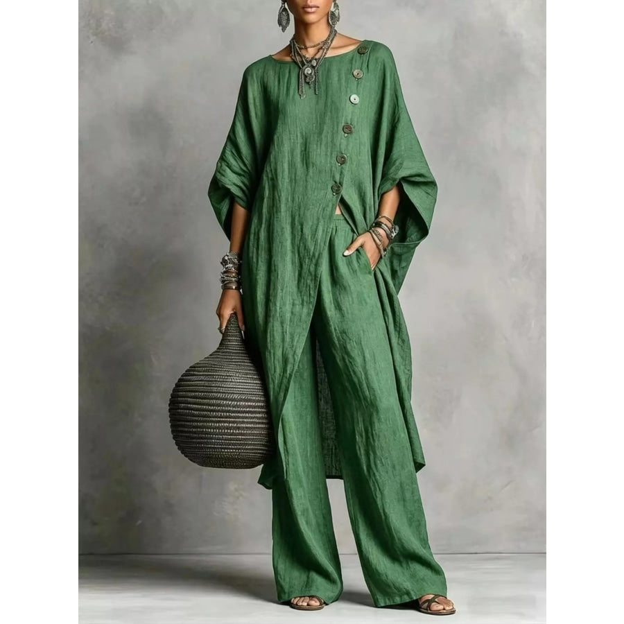 Full Size Asymmetric Button-Down Top and Wide-Leg Pants Set Plus Green / S Apparel Accessories