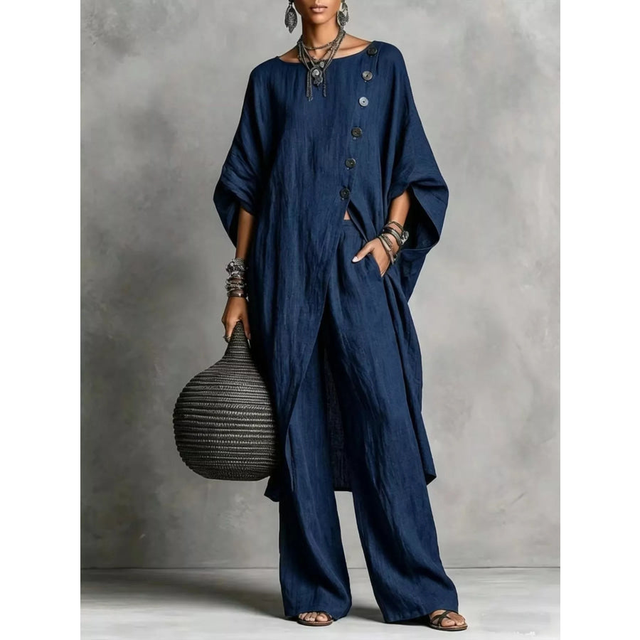 Full Size Asymmetric Button-Down Top and Wide-Leg Pants Set Plus Navy Blue / S Apparel Accessories