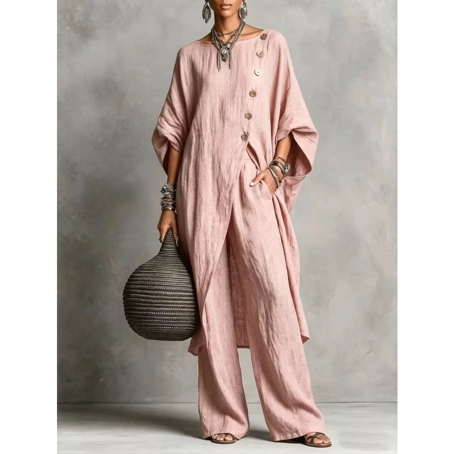 Full Size Asymmetric Button-Down Top and Wide-Leg Pants Set Plus Pink / S Apparel Accessories