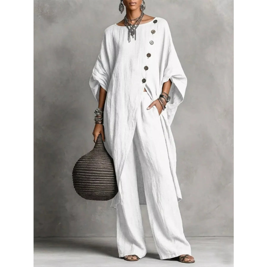 Full Size Asymmetric Button-Down Top and Wide-Leg Pants Set Plus White / S Apparel Accessories
