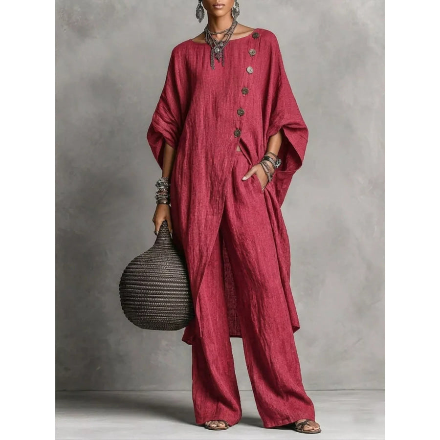 Full Size Asymmetric Button-Down Top and Wide-Leg Pants Set Plus Wine Red / S Apparel Accessories