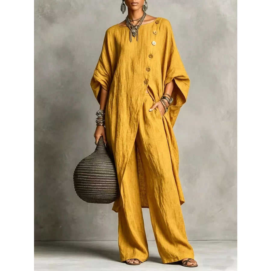 Full Size Asymmetric Button-Down Top and Wide-Leg Pants Set Plus Yellow / S Apparel Accessories