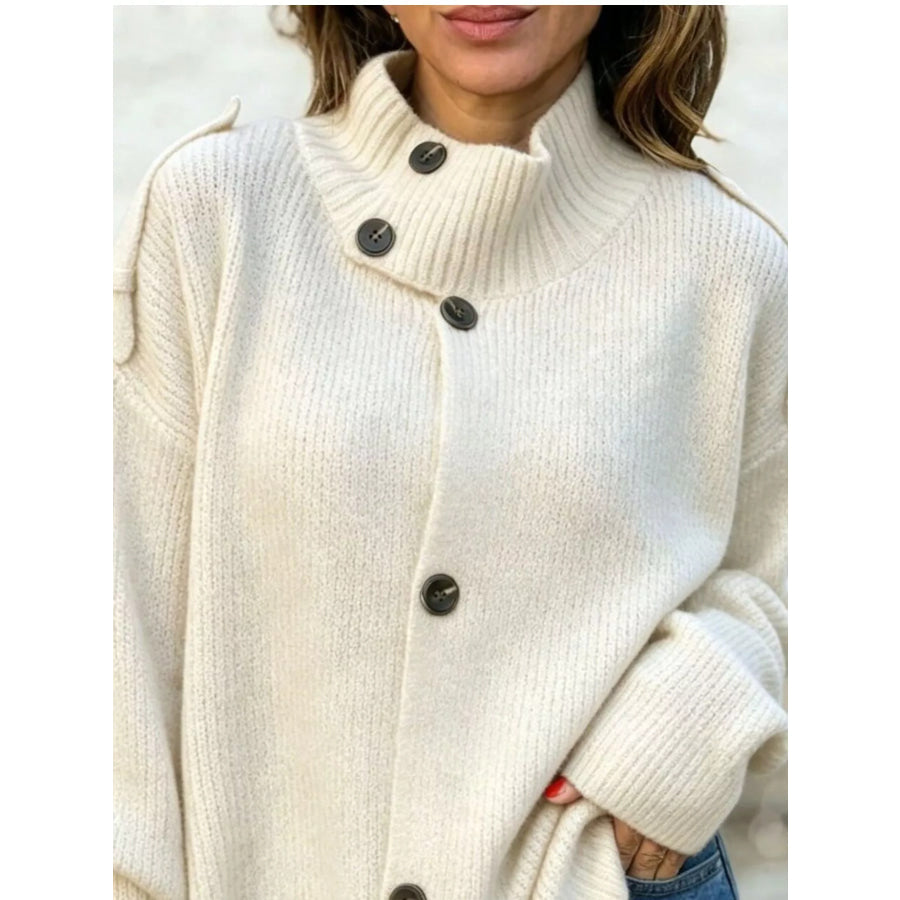 Full Size Asymmetric Button-Up Mock Neck Cardigan Plus Apparel and Accessories