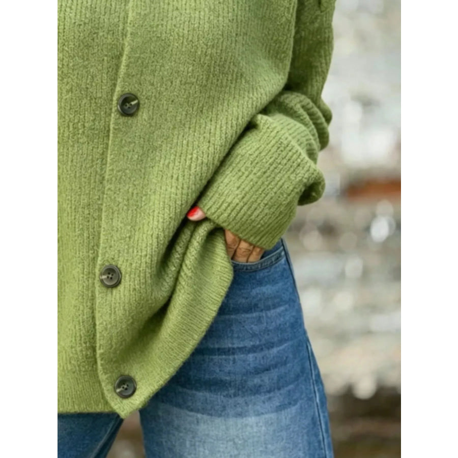 Full Size Asymmetric Button-Up Mock Neck Cardigan Plus Apparel and Accessories