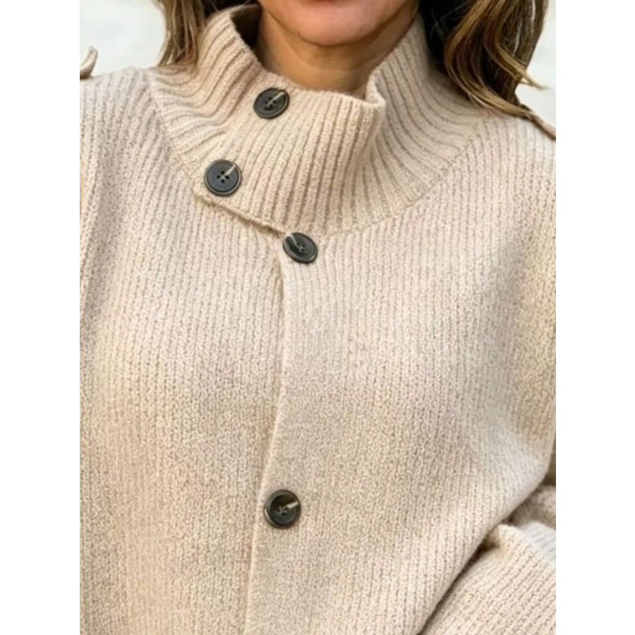 Full Size Asymmetric Button-Up Mock Neck Cardigan Plus Apparel and Accessories