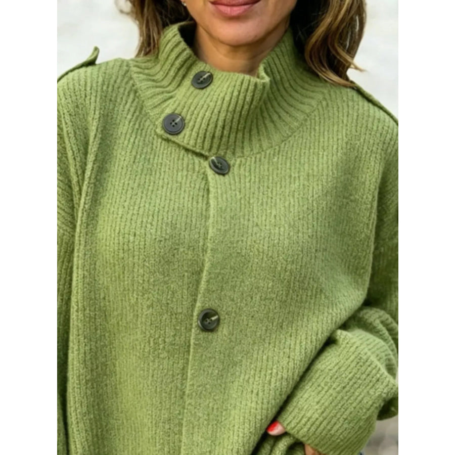 Full Size Asymmetric Button-Up Mock Neck Cardigan Plus Apparel and Accessories