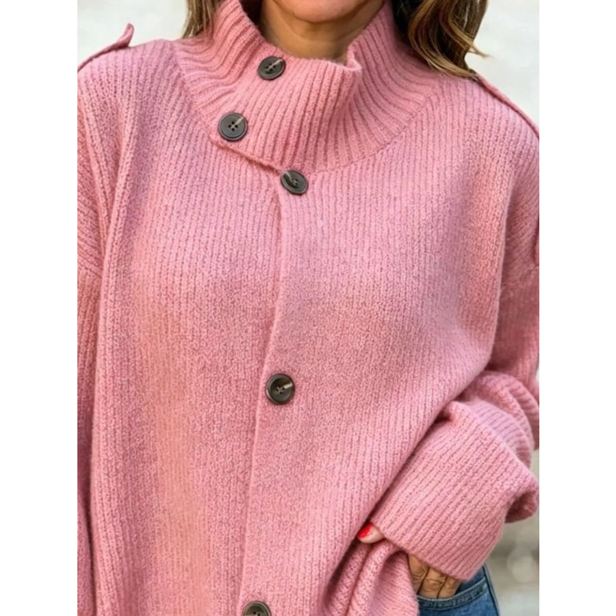Full Size Asymmetric Button-Up Mock Neck Cardigan Plus Apparel and Accessories