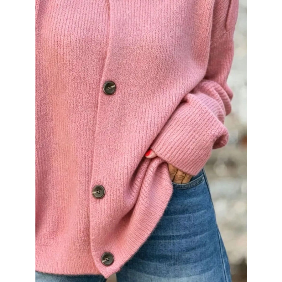 Full Size Asymmetric Button-Up Mock Neck Cardigan Plus Apparel and Accessories