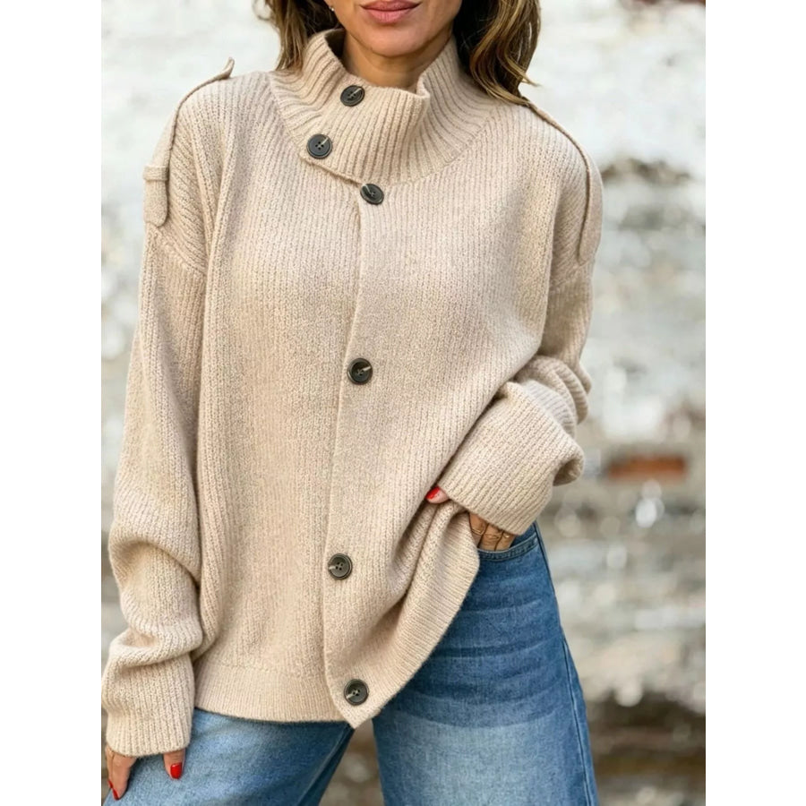 Full Size Asymmetric Button-Up Mock Neck Cardigan Plus Beige / S Apparel and Accessories