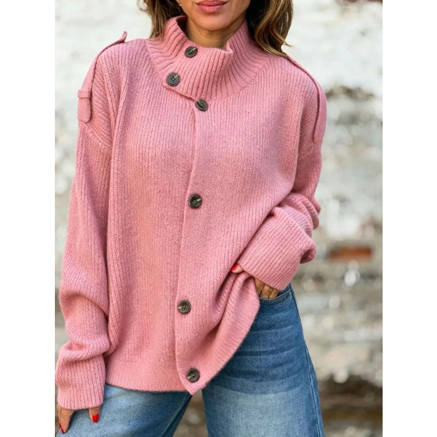 Full Size Asymmetric Button-Up Mock Neck Cardigan Plus Dusty Pink / S Apparel and Accessories