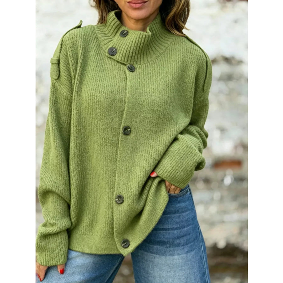 Full Size Asymmetric Button-Up Mock Neck Cardigan Plus Green / S Apparel and Accessories