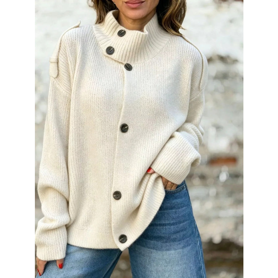Full Size Asymmetric Button-Up Mock Neck Cardigan Plus White / S Apparel and Accessories