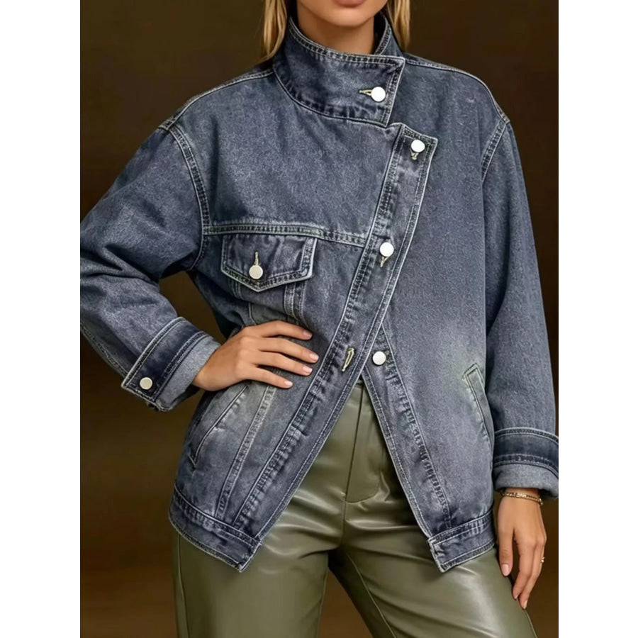 Full Size Asymmetric Button-Up Stand Collar Denim Jacket Plus Apparel and Accessories