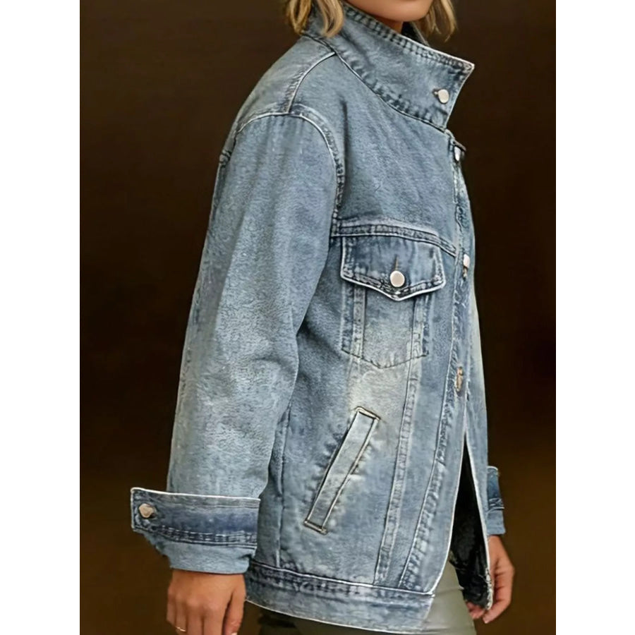 Full Size Asymmetric Button-Up Stand Collar Denim Jacket Plus Apparel and Accessories