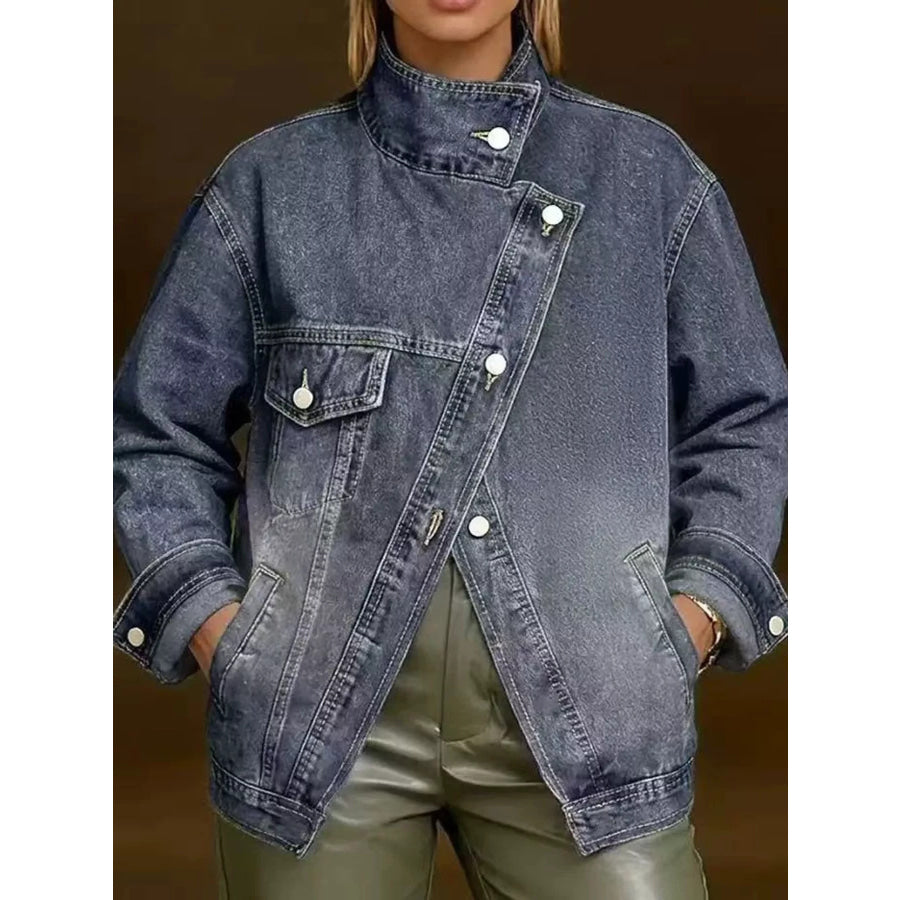Full Size Asymmetric Button-Up Stand Collar Denim Jacket Plus Apparel and Accessories