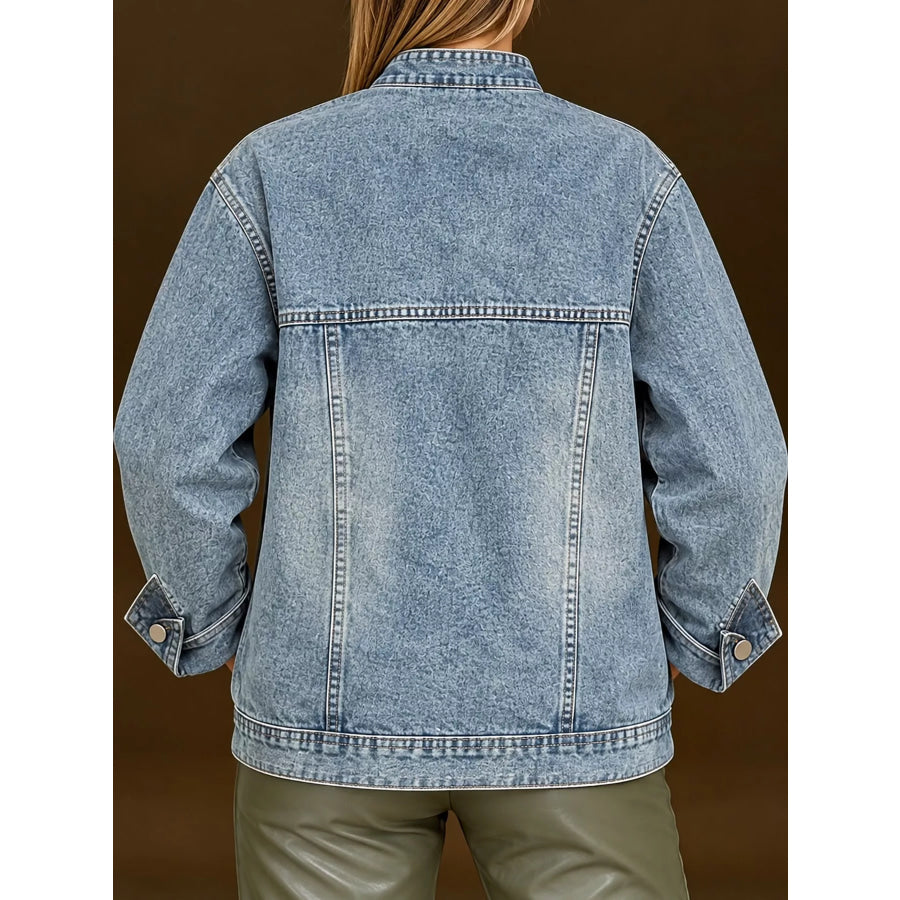 Full Size Asymmetric Button-Up Stand Collar Denim Jacket Plus Apparel and Accessories
