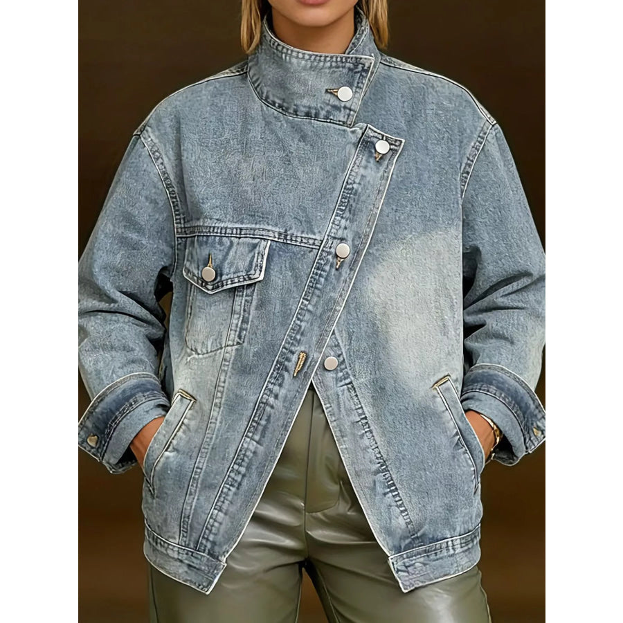 Full Size Asymmetric Button-Up Stand Collar Denim Jacket Plus Apparel and Accessories