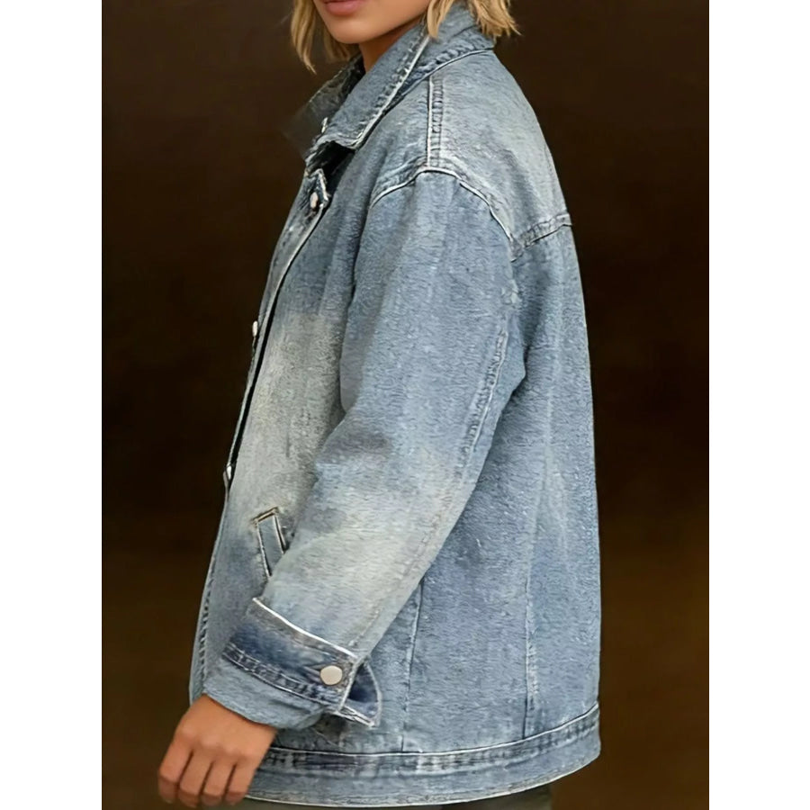 Full Size Asymmetric Button-Up Stand Collar Denim Jacket Plus Apparel and Accessories