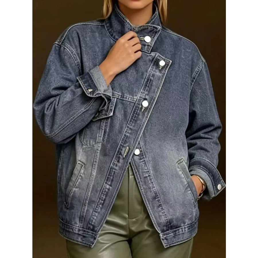 Full Size Asymmetric Button-Up Stand Collar Denim Jacket Plus Apparel and Accessories