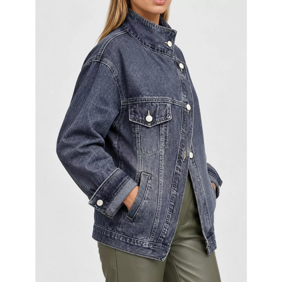Full Size Asymmetric Button-Up Stand Collar Denim Jacket Plus Apparel and Accessories